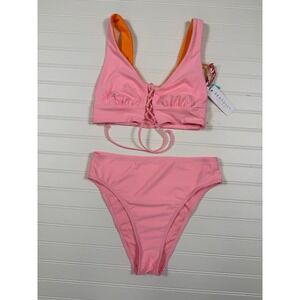 Seafolly Bikini Lace Up Front High Cut Colorblock Pink Orange Barbiecore w/flaws